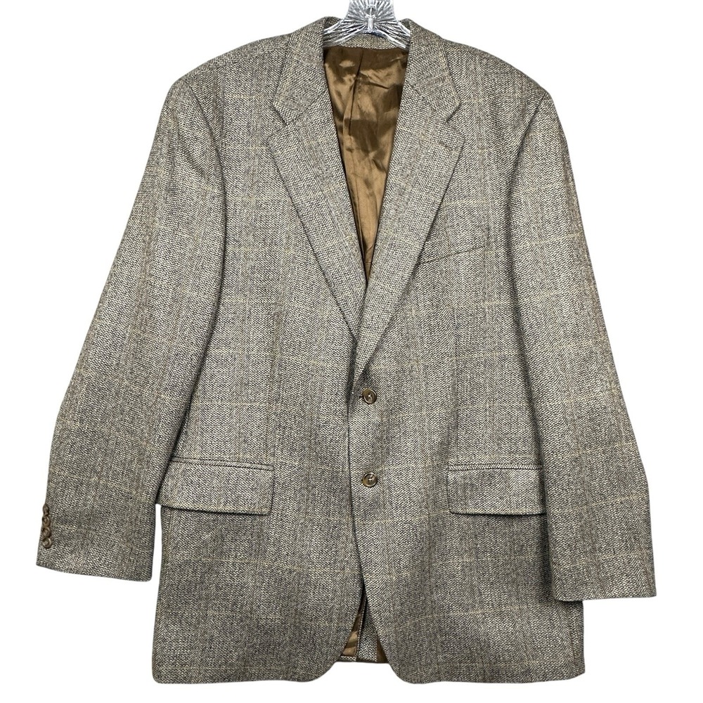 Chaps Ralph Lauren Sport Coat Blazer Mens Size 46T Wool Herringbone Plaid Preppy